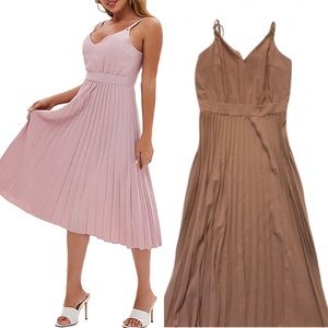 Simplee Strappy V Neck Pleated Midi Summer Cocktail Dress Spaghetti Size S Tan